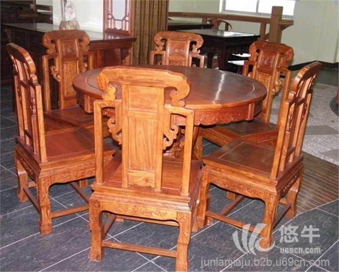 东阳红木家具，缅甸花梨木，红酸枝餐桌，120圆台配祥和餐椅7件套